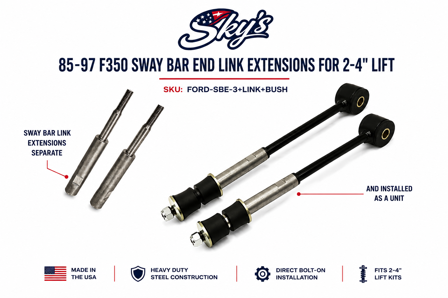 85-97 F350 Sway Bar End Link Extensions for 2-4